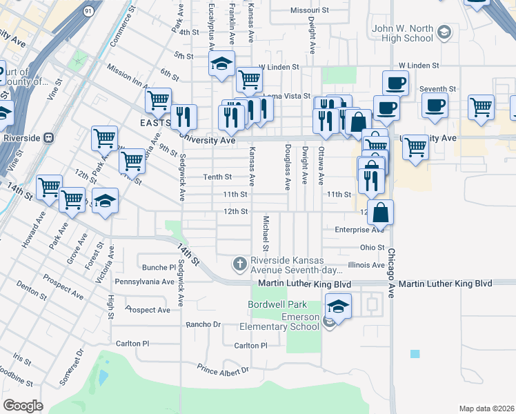 map of restaurants, bars, coffee shops, grocery stores, and more near 2095 12th Street in Riverside