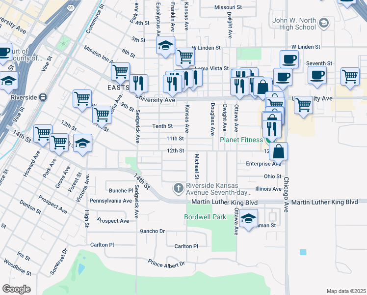 map of restaurants, bars, coffee shops, grocery stores, and more near 2095 12th Street in Riverside