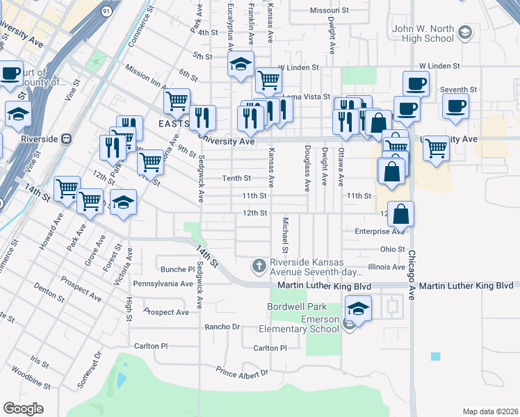 map of restaurants, bars, coffee shops, grocery stores, and more near 2201 12th Street in Riverside