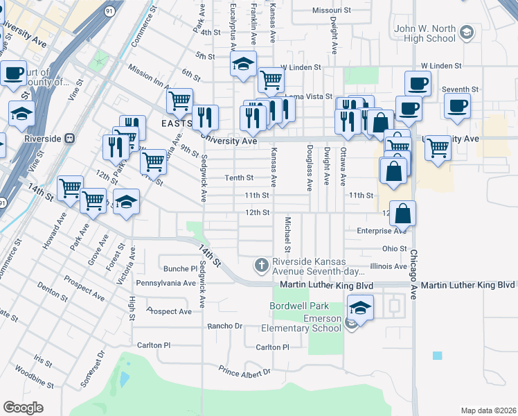 map of restaurants, bars, coffee shops, grocery stores, and more near 2201 12th Street in Riverside