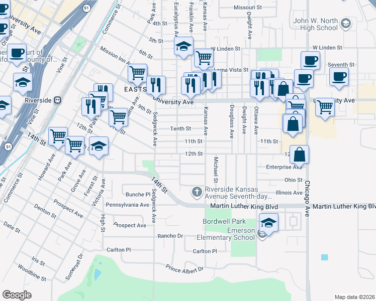map of restaurants, bars, coffee shops, grocery stores, and more near 2201 12th Street in Riverside