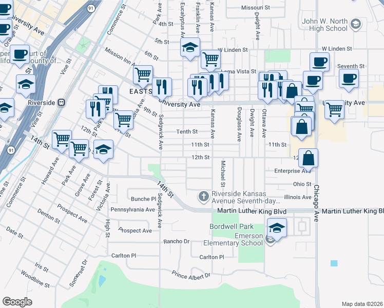 map of restaurants, bars, coffee shops, grocery stores, and more near 2201 12th Street in Riverside