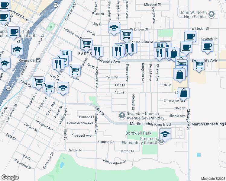 map of restaurants, bars, coffee shops, grocery stores, and more near 2201 12th Street in Riverside