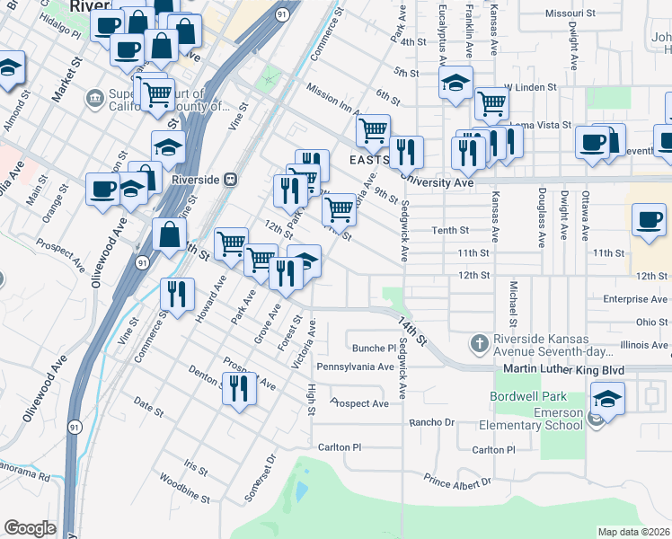 map of restaurants, bars, coffee shops, grocery stores, and more near 2610 12th Street in Riverside