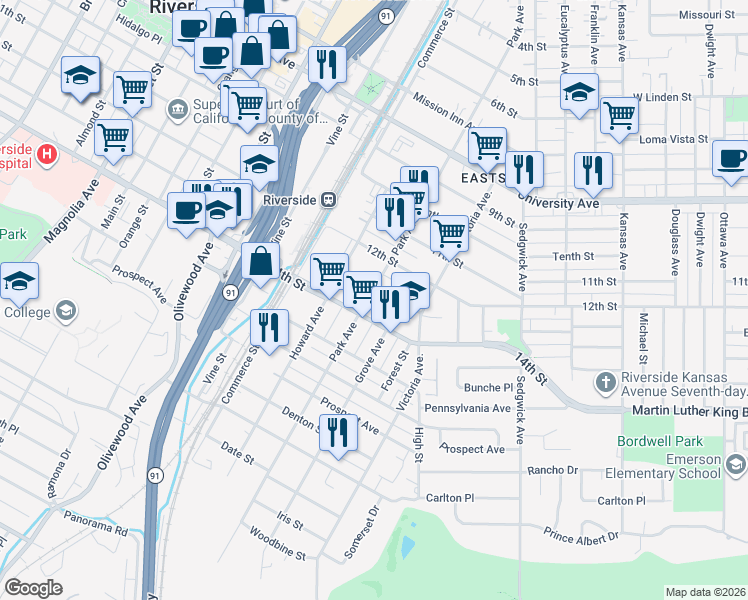 map of restaurants, bars, coffee shops, grocery stores, and more near 4322 Park Avenue in Riverside