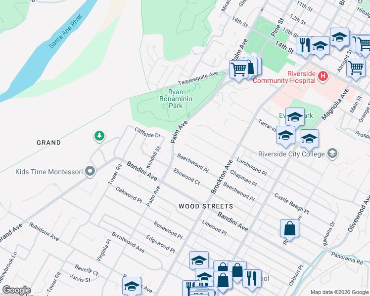 map of restaurants, bars, coffee shops, grocery stores, and more near 4495 Beechwood Place in Riverside