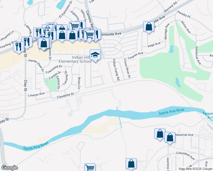 map of restaurants, bars, coffee shops, grocery stores, and more near 6621 Thunder Bay Trail in Riverside
