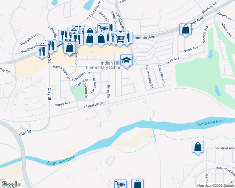 map of restaurants, bars, coffee shops, grocery stores, and more near 6450 Thunder Bay Trail in Riverside