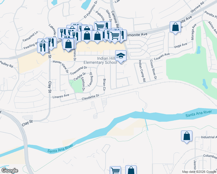 map of restaurants, bars, coffee shops, grocery stores, and more near 6450 Thunder Bay Trail in Riverside