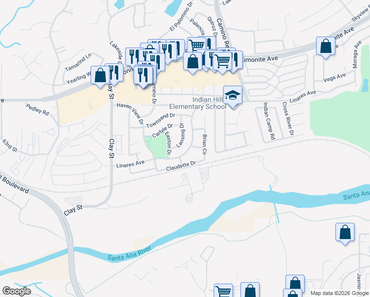 map of restaurants, bars, coffee shops, grocery stores, and more near 7939 Linares Avenue in Riverside