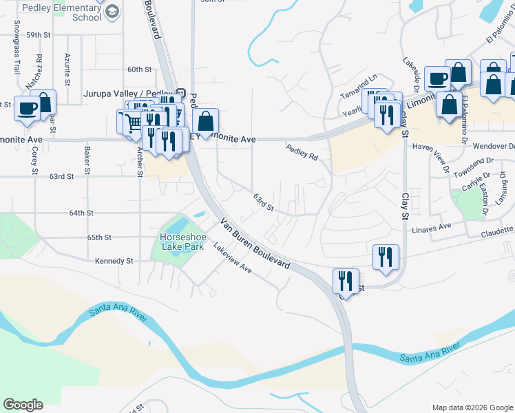 map of restaurants, bars, coffee shops, grocery stores, and more near 8416 63rd Street in Riverside