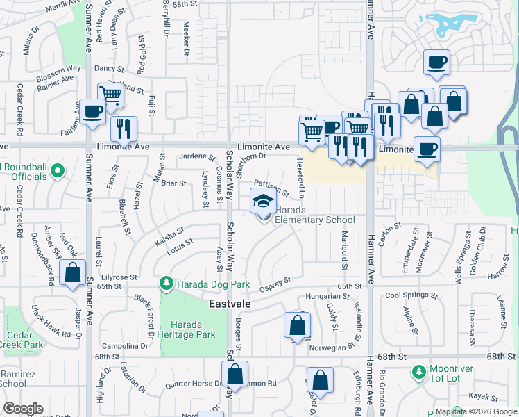 map of restaurants, bars, coffee shops, grocery stores, and more near 12934 Merry Meadows Drive in Corona