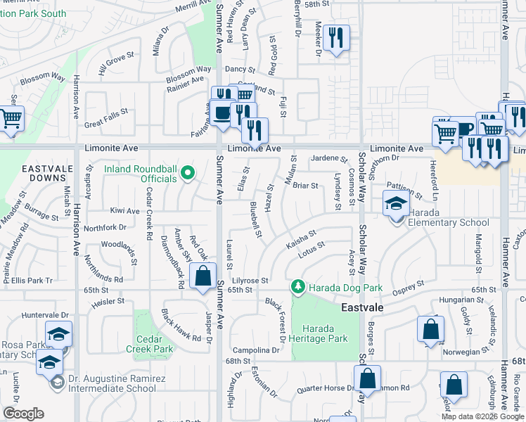 map of restaurants, bars, coffee shops, grocery stores, and more near 6373 Hazel Street in Corona