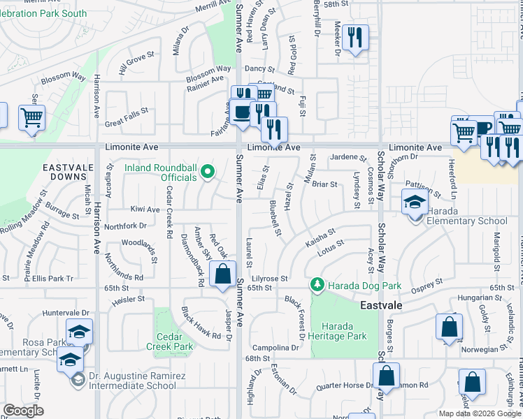 map of restaurants, bars, coffee shops, grocery stores, and more near 13346 Rowen Court in Corona