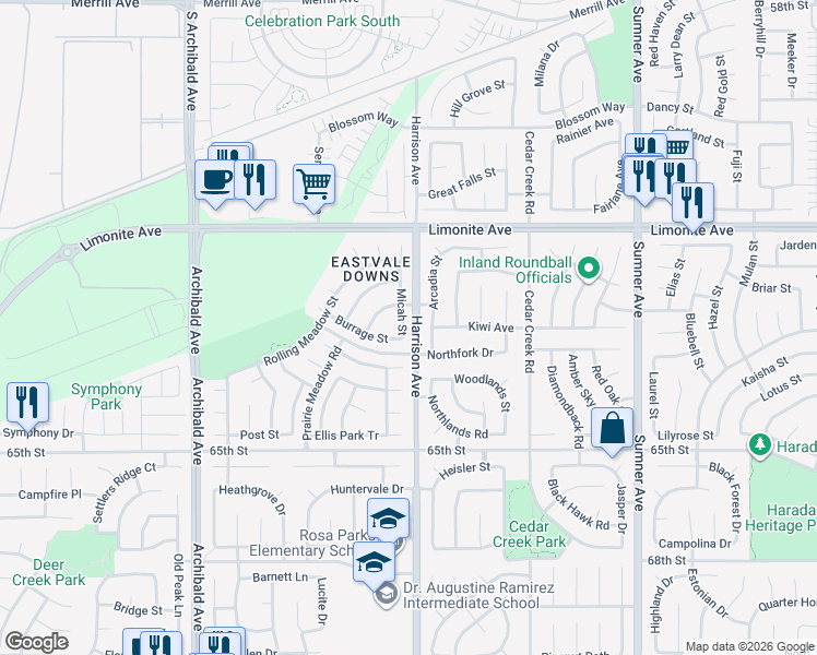 map of restaurants, bars, coffee shops, grocery stores, and more near 6372 Micah Street in Eastvale