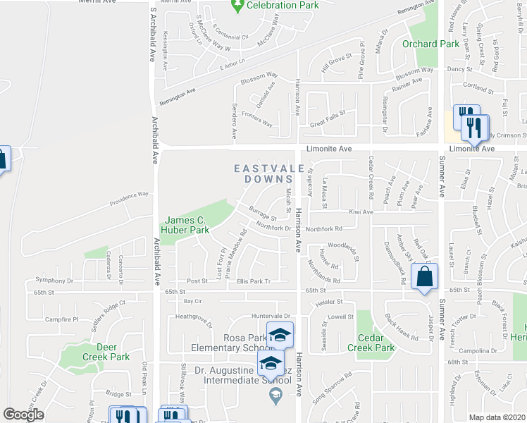 map of restaurants, bars, coffee shops, grocery stores, and more near 6383 Golden Bit Street in Corona