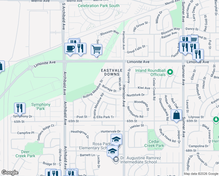 map of restaurants, bars, coffee shops, grocery stores, and more near 6383 Golden Bit Street in Corona