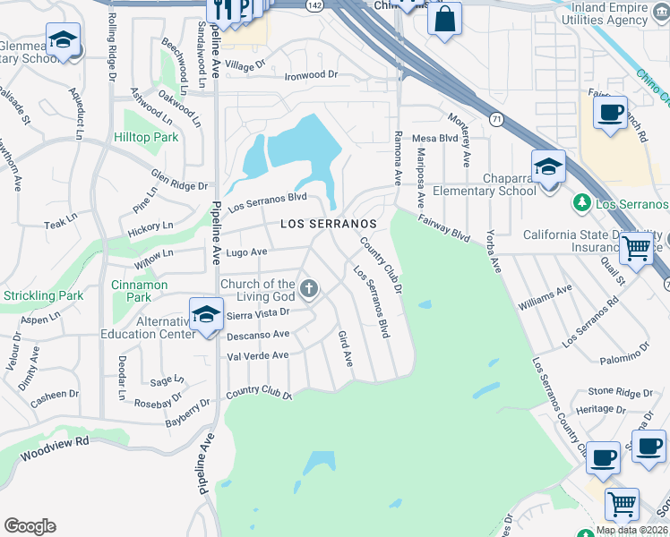 map of restaurants, bars, coffee shops, grocery stores, and more near 4360 Lugo Avenue in Chino Hills