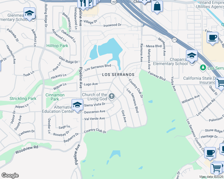 map of restaurants, bars, coffee shops, grocery stores, and more near 4271 Gird Avenue in Chino Hills