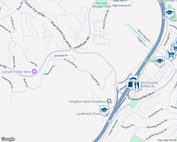 map of restaurants, bars, coffee shops, grocery stores, and more near 20503 Crestline Drive in Diamond Bar
