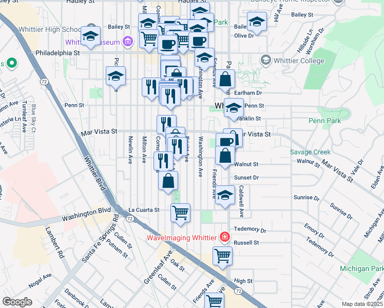 map of restaurants, bars, coffee shops, grocery stores, and more near 13005 Walnut Street in Whittier