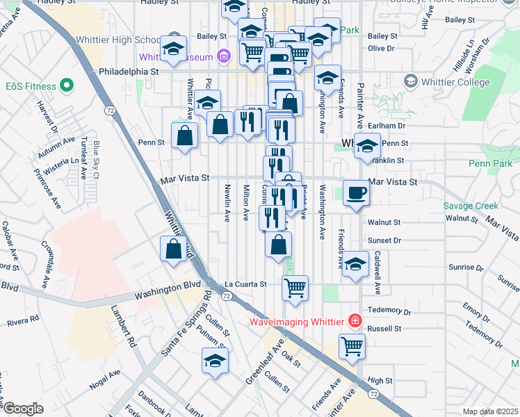 map of restaurants, bars, coffee shops, grocery stores, and more near 7668 Milton Avenue in Whittier