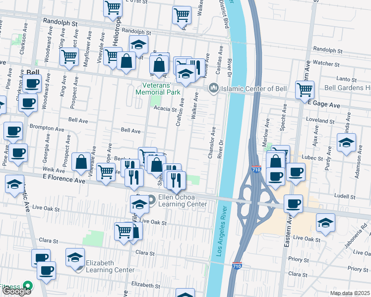 map of restaurants, bars, coffee shops, grocery stores, and more near 6900 Crafton Avenue in Bell
