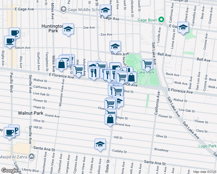 map of restaurants, bars, coffee shops, grocery stores, and more near 3208 East Florence Avenue in Huntington Park