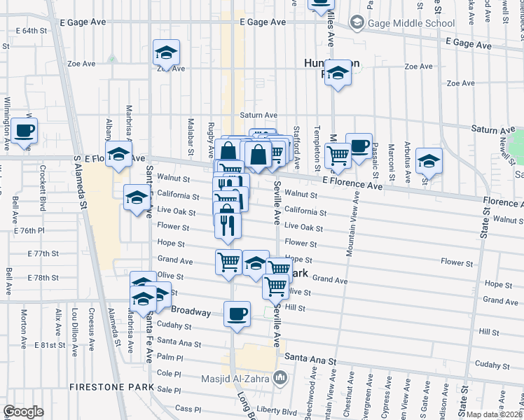 map of restaurants, bars, coffee shops, grocery stores, and more near 2640 California Street in Huntington Park