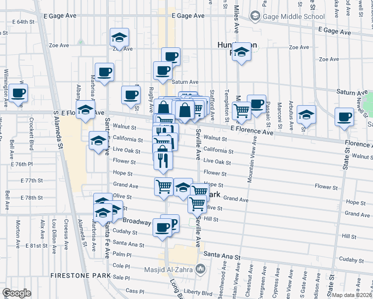 map of restaurants, bars, coffee shops, grocery stores, and more near 2640 California Street in Huntington Park
