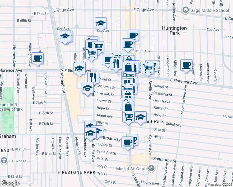map of restaurants, bars, coffee shops, grocery stores, and more near 2523 Live Oak Street in Huntington Park