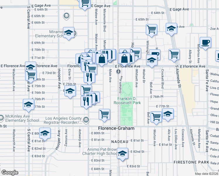map of restaurants, bars, coffee shops, grocery stores, and more near 7505 Maie Avenue in Los Angeles