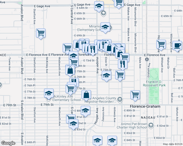 map of restaurants, bars, coffee shops, grocery stores, and more near 1254 East 75th Street in Los Angeles