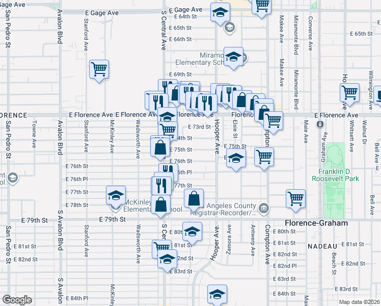 map of restaurants, bars, coffee shops, grocery stores, and more near 1210 East 75th Street in Los Angeles