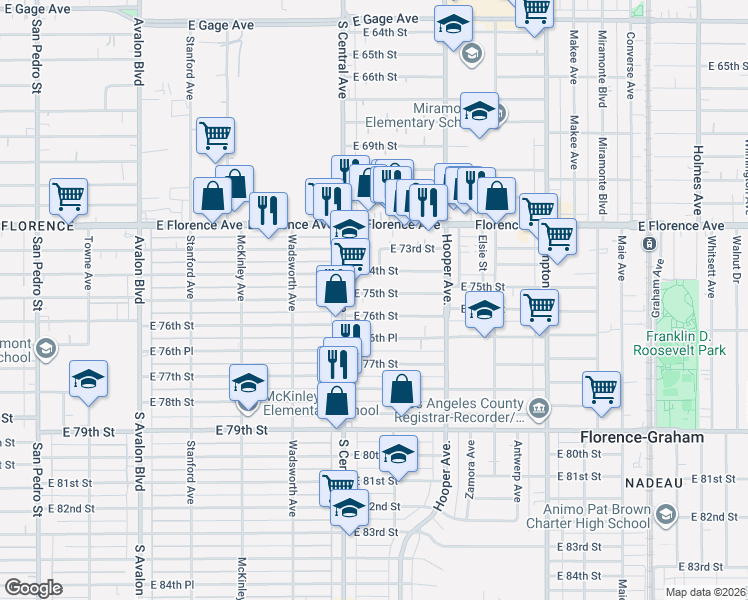 map of restaurants, bars, coffee shops, grocery stores, and more near 1130 East 75th Street in Los Angeles