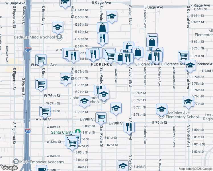 map of restaurants, bars, coffee shops, grocery stores, and more near 7502 San Pedro Street in Los Angeles
