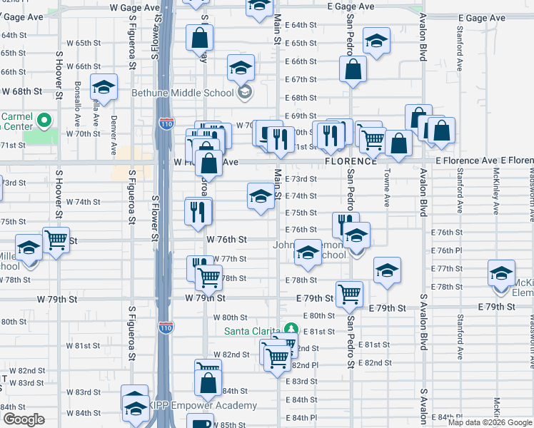 map of restaurants, bars, coffee shops, grocery stores, and more near 127 West 75th Street in Los Angeles
