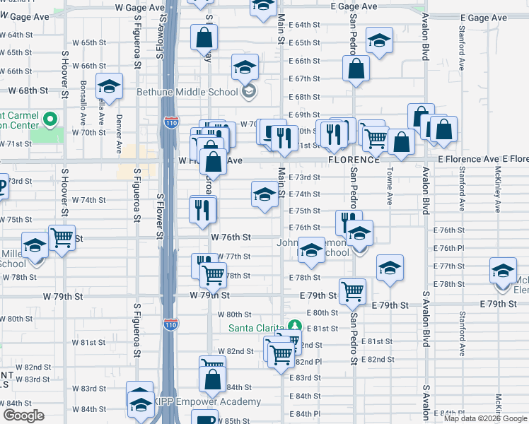 map of restaurants, bars, coffee shops, grocery stores, and more near 127 West 75th Street in Los Angeles