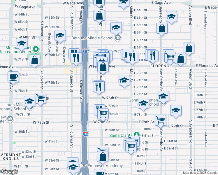 map of restaurants, bars, coffee shops, grocery stores, and more near 211 West 75th Street in Los Angeles