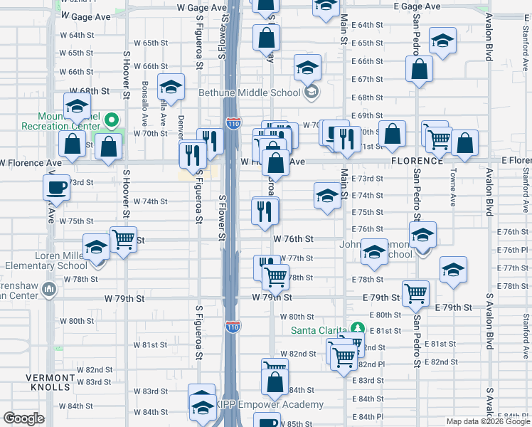 map of restaurants, bars, coffee shops, grocery stores, and more near 7422 South Broadway in Los Angeles