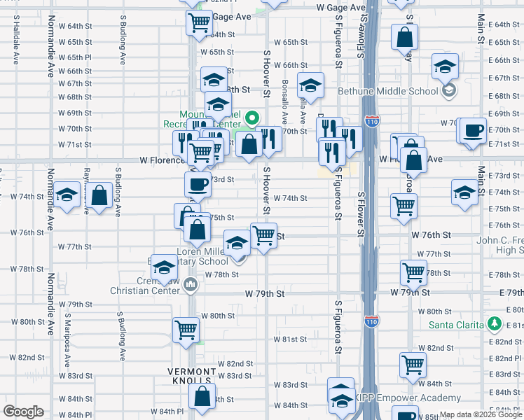 map of restaurants, bars, coffee shops, grocery stores, and more near 7420 South Hoover Street in Los Angeles