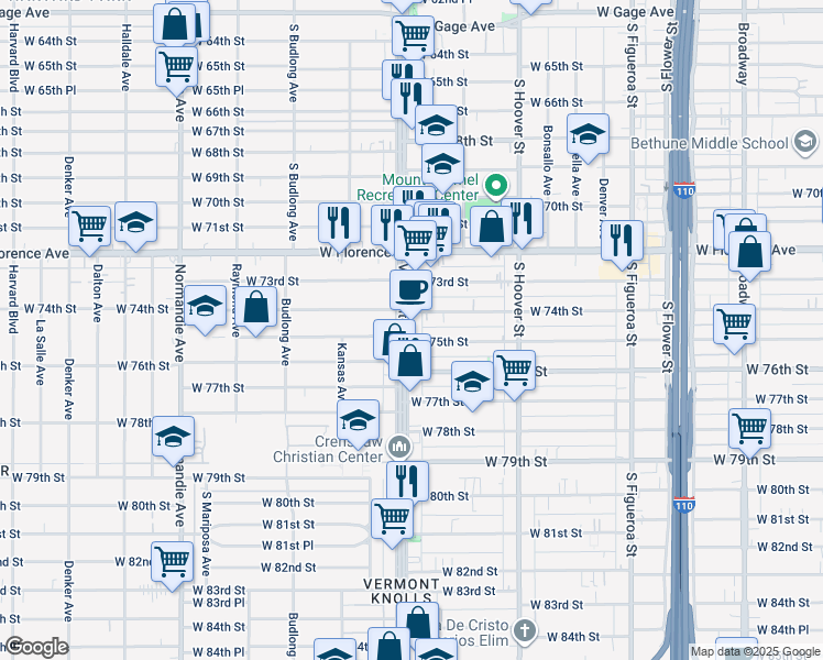 map of restaurants, bars, coffee shops, grocery stores, and more near 7422 Vermont Avenue in Los Angeles