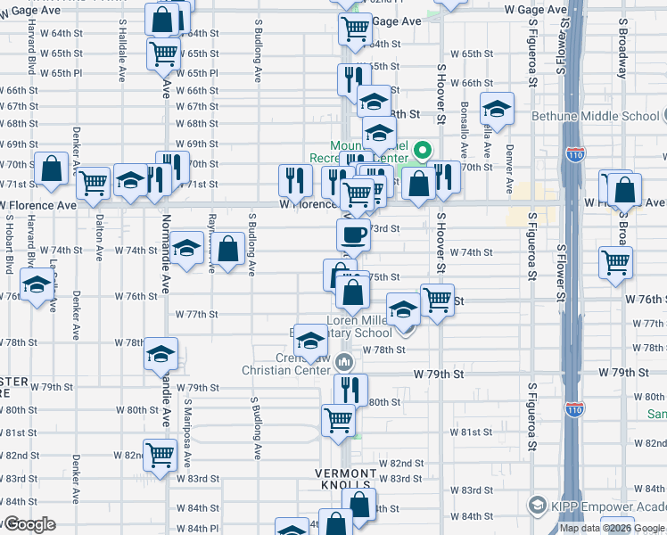 map of restaurants, bars, coffee shops, grocery stores, and more near 1031 West 75th Street in Los Angeles