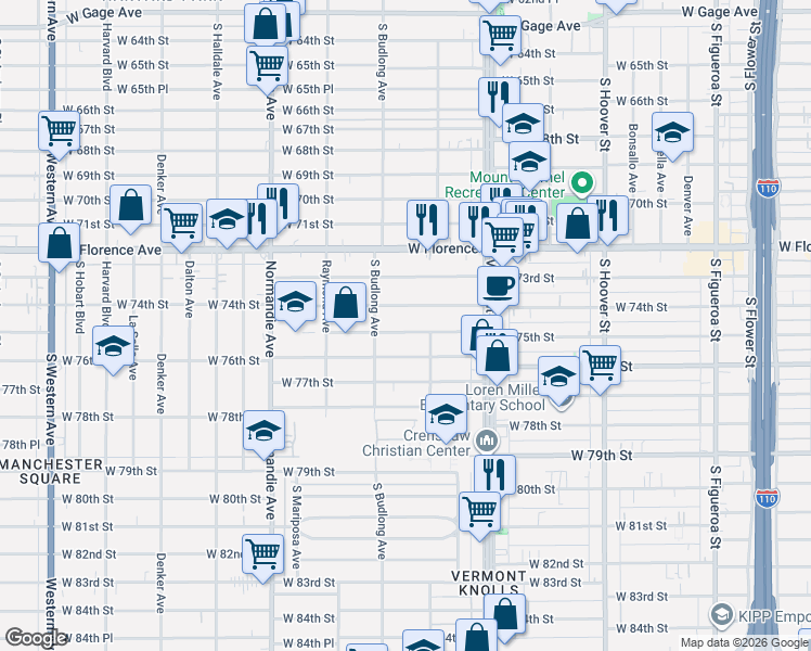 map of restaurants, bars, coffee shops, grocery stores, and more near 1113 West 75th Street in Los Angeles