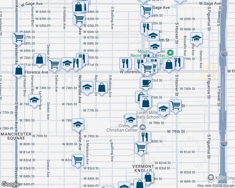 map of restaurants, bars, coffee shops, grocery stores, and more near 1113 West 75th Street in Los Angeles
