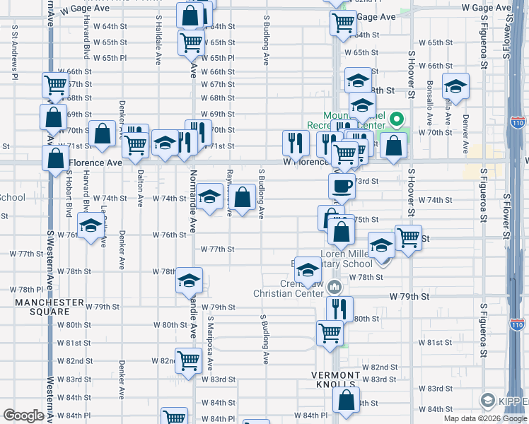 map of restaurants, bars, coffee shops, grocery stores, and more near 1157 West 75th Street in Los Angeles