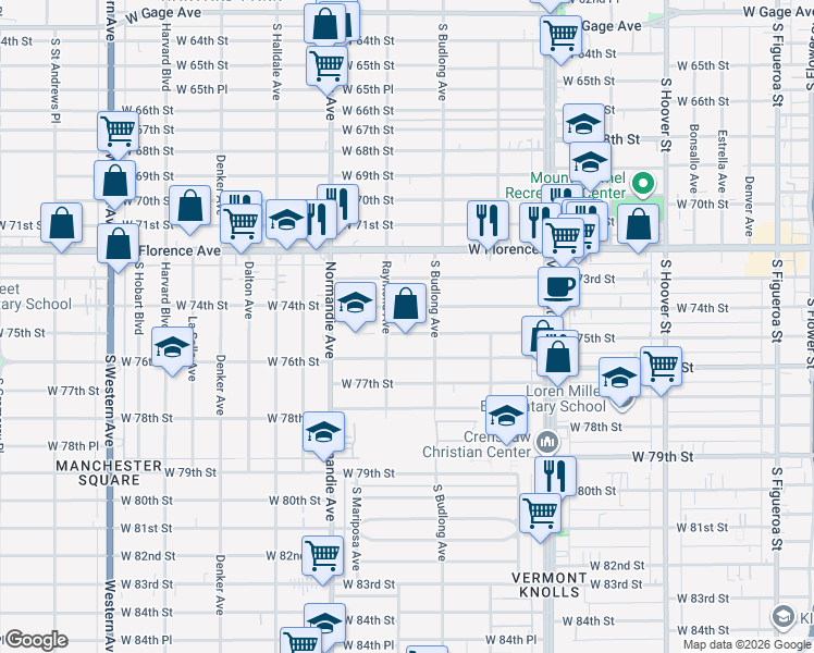 map of restaurants, bars, coffee shops, grocery stores, and more near 1235 West 75th Street in Los Angeles