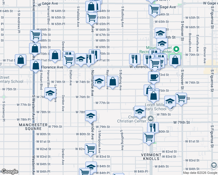 map of restaurants, bars, coffee shops, grocery stores, and more near 1235 West 75th Street in Los Angeles