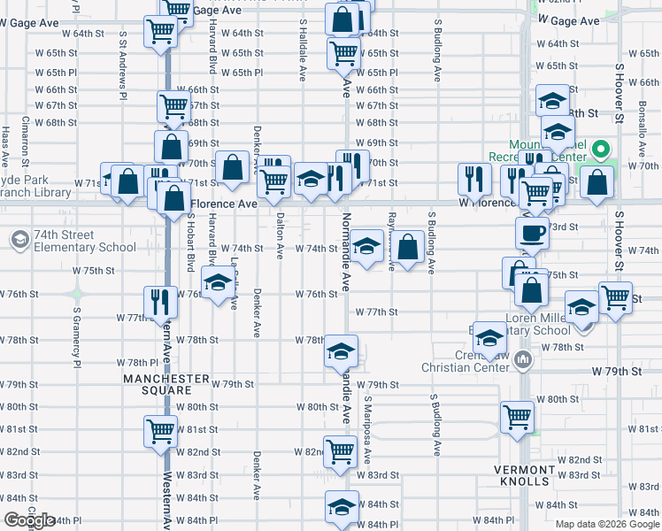 map of restaurants, bars, coffee shops, grocery stores, and more near 7501 Normandie Avenue in Los Angeles