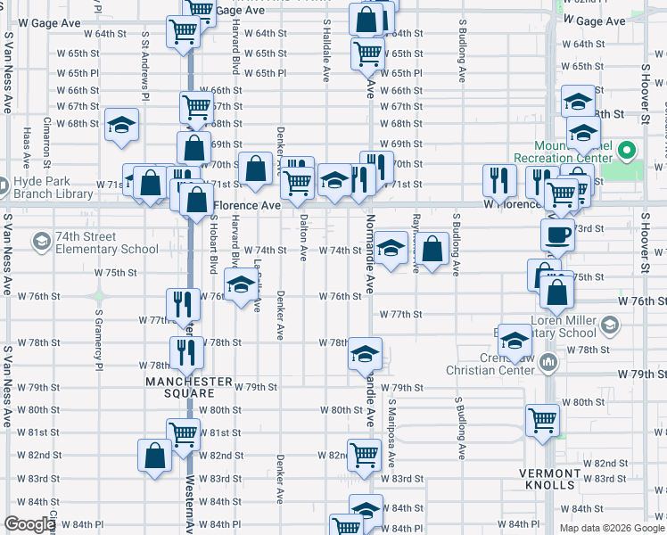 map of restaurants, bars, coffee shops, grocery stores, and more near 7422 South Halldale Avenue in Los Angeles